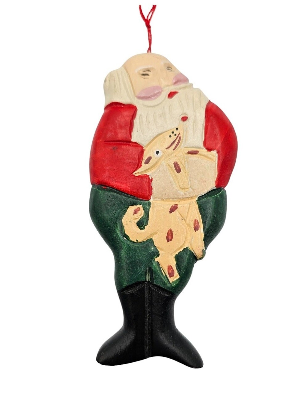 Wooden Hand Carved Asian Santa Claus Christmas Hanging Ornament 5.5" Tall
